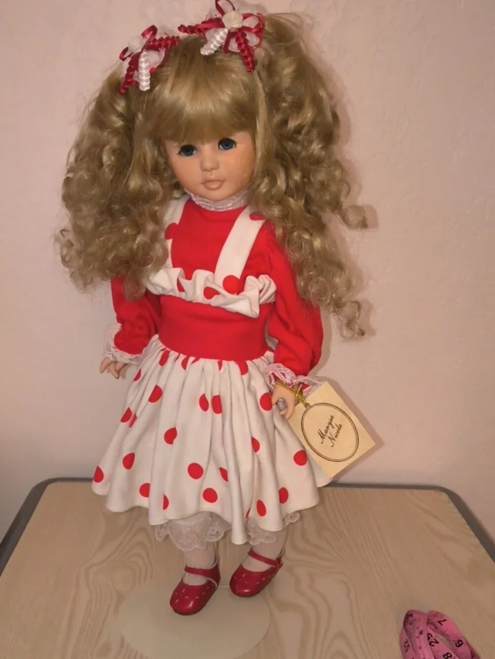 Porcelain Doll In Classic Red and White Polka Dot Dress - 20